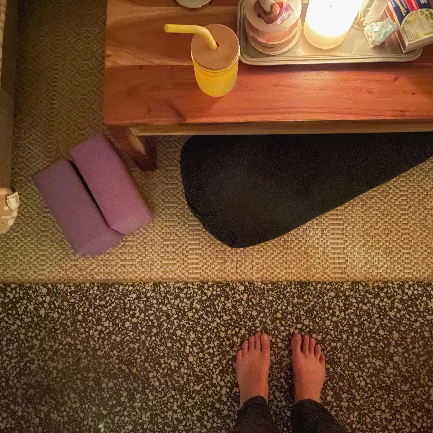 do my home yoga practice in my pajamas.

Without a bra
Before I brush my teeth
With an audience of sleepy dogs
It&rsquo;s a freestyle flow with no agenda. 
It&rsquo;s ripe with self assists, props, and vibey tunes. 
Savasana is at least 10 minutes lo