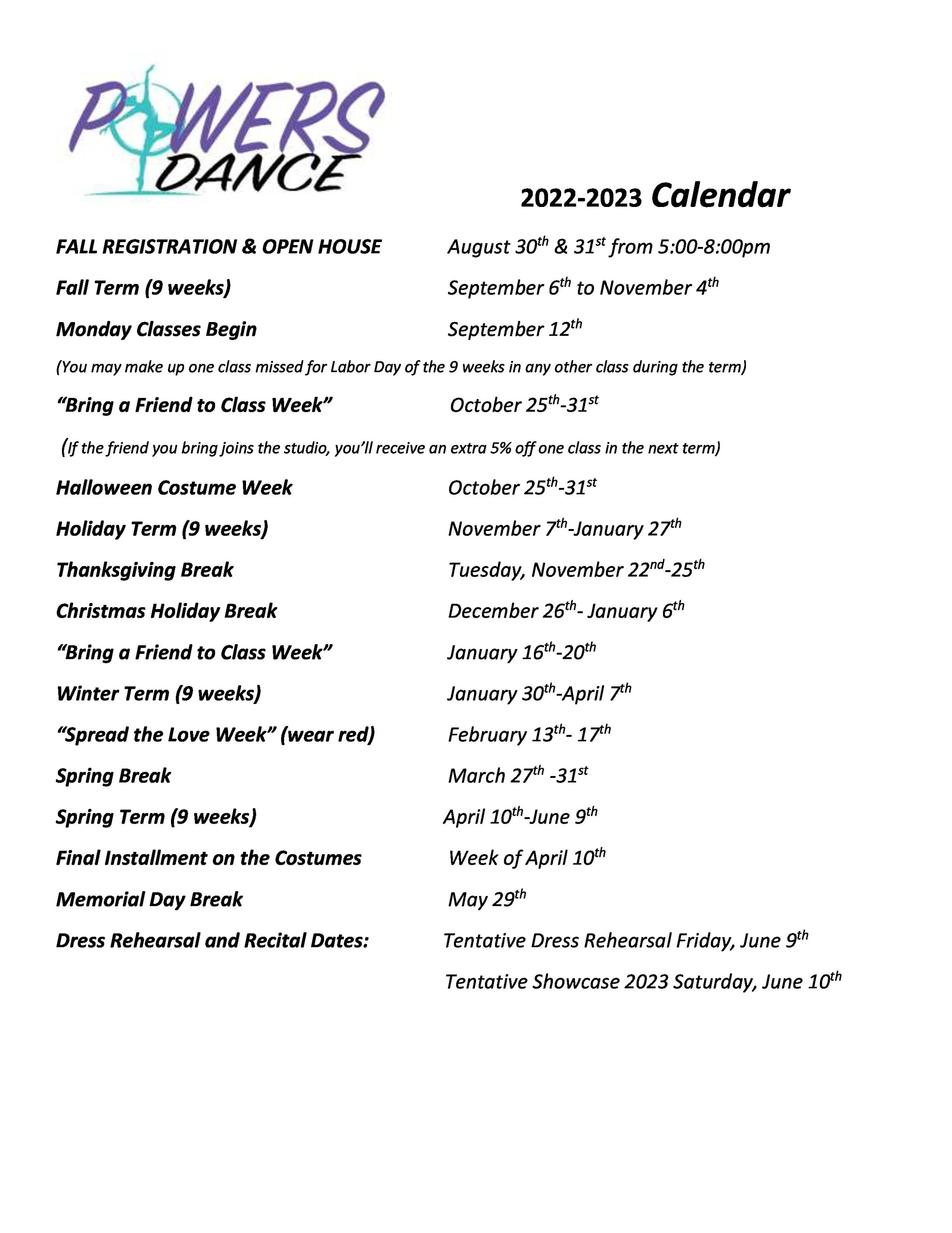 2022-23 School Calendar — Powers Dance, LLC