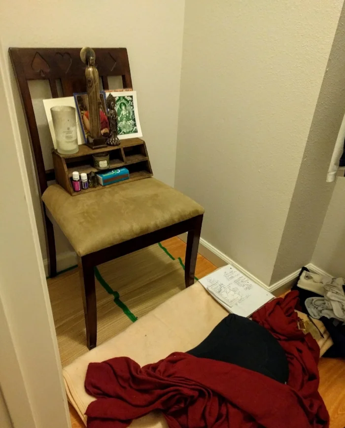 First thing I set up wherever I go. Not ideal that my dirty clothes (over on the right) have to share the same space, which is a walk-in closet in an airbnb room in a condo in Monterey Park in California in the US on planet earth in a simulation in a taco inside of a taco inside of a taco bell... in a pineapple under the pineapple under the pineapple... (see video if you have no idea.)