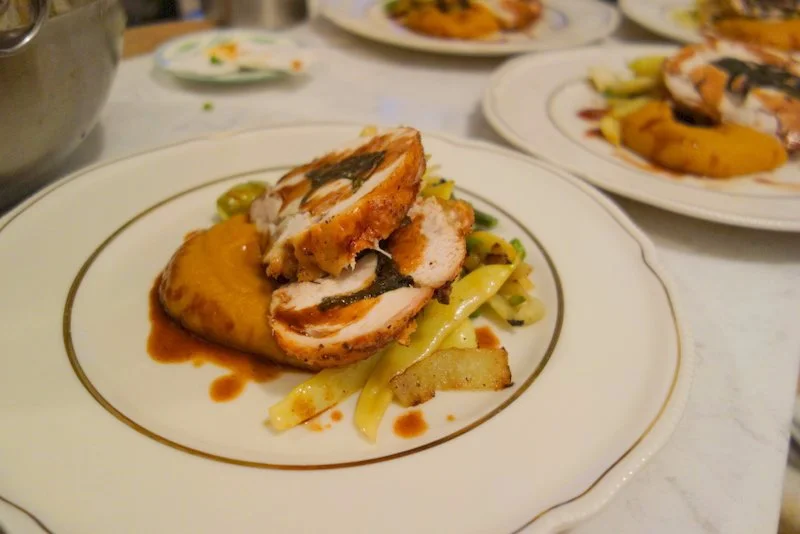 Main Course: Chicken Balantine stuffed with Kale and Collards, Butternut, Sweet Potato, and Apple Puree, Sauteed Yellow Beans, Asparagus Coins, and Kohlrabi Ribbon