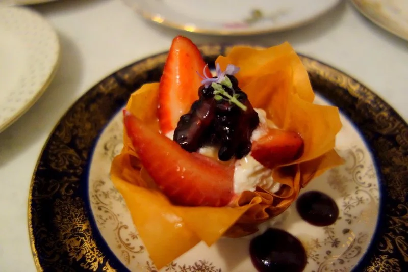 Dessert: Phyllo Dough, Aerated Honey Yogurt, Lavender Sugar Berries, Preserves, Rosemary Flower