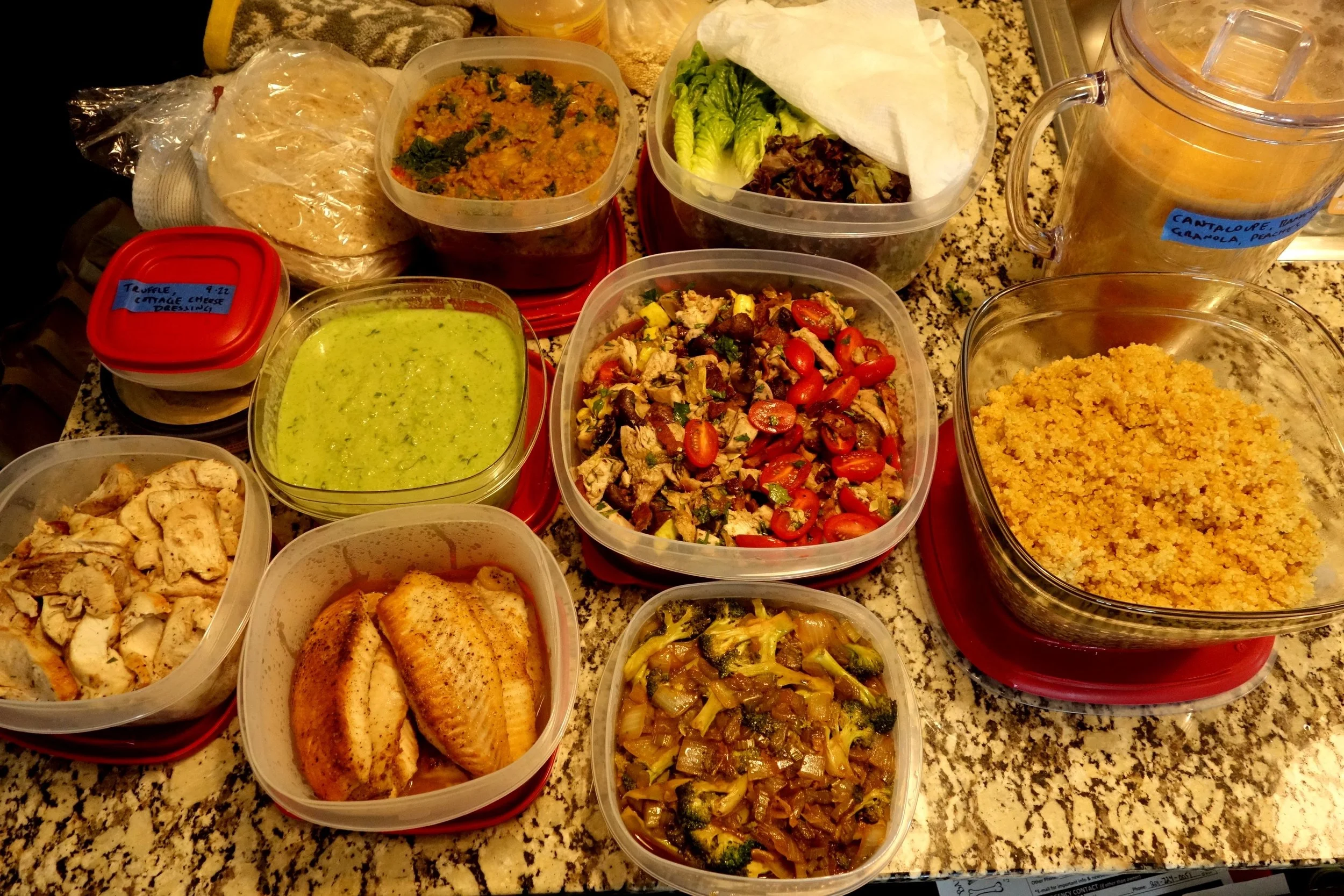 (1.) Roasted chicken breasts (2.) Seared Tilapia, Pea Puree with Tzatziki (3.) Asian Marinated Vegetables (4.) Turkey Leg, Cherry Tomatoes, Squash, Bacon (5.) Quinoa (6.) Fajita Beef, Kale, Vegetables, Whole Wheat Pita (7.) Cantaloupe, Granola, Apple, Peanut Butter Smoothie
