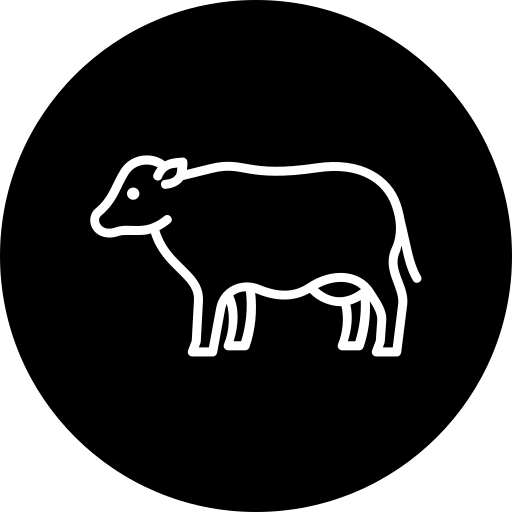 Outline of a cow inside a maroon circle