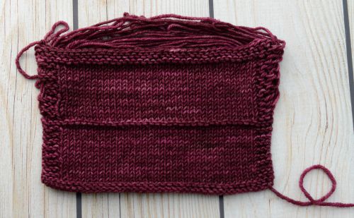  Swatch like your sweater depends on it! Top portion is swatched in the round, bottom portion swatched flat, both on US4
