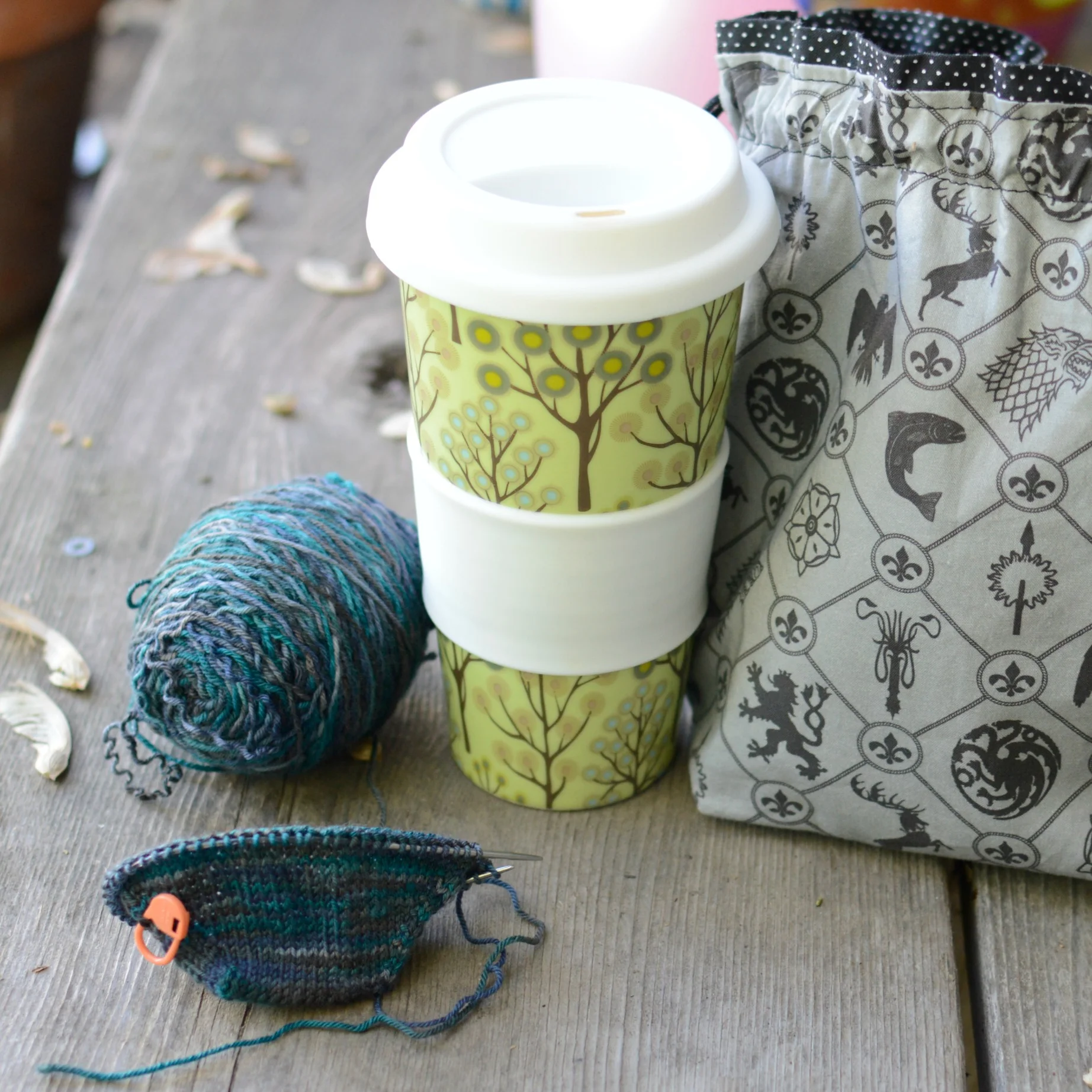 Vanilla Socks for my hubby in urban hunter's arrow. game of thrones bag by Slipped Stitch Studios