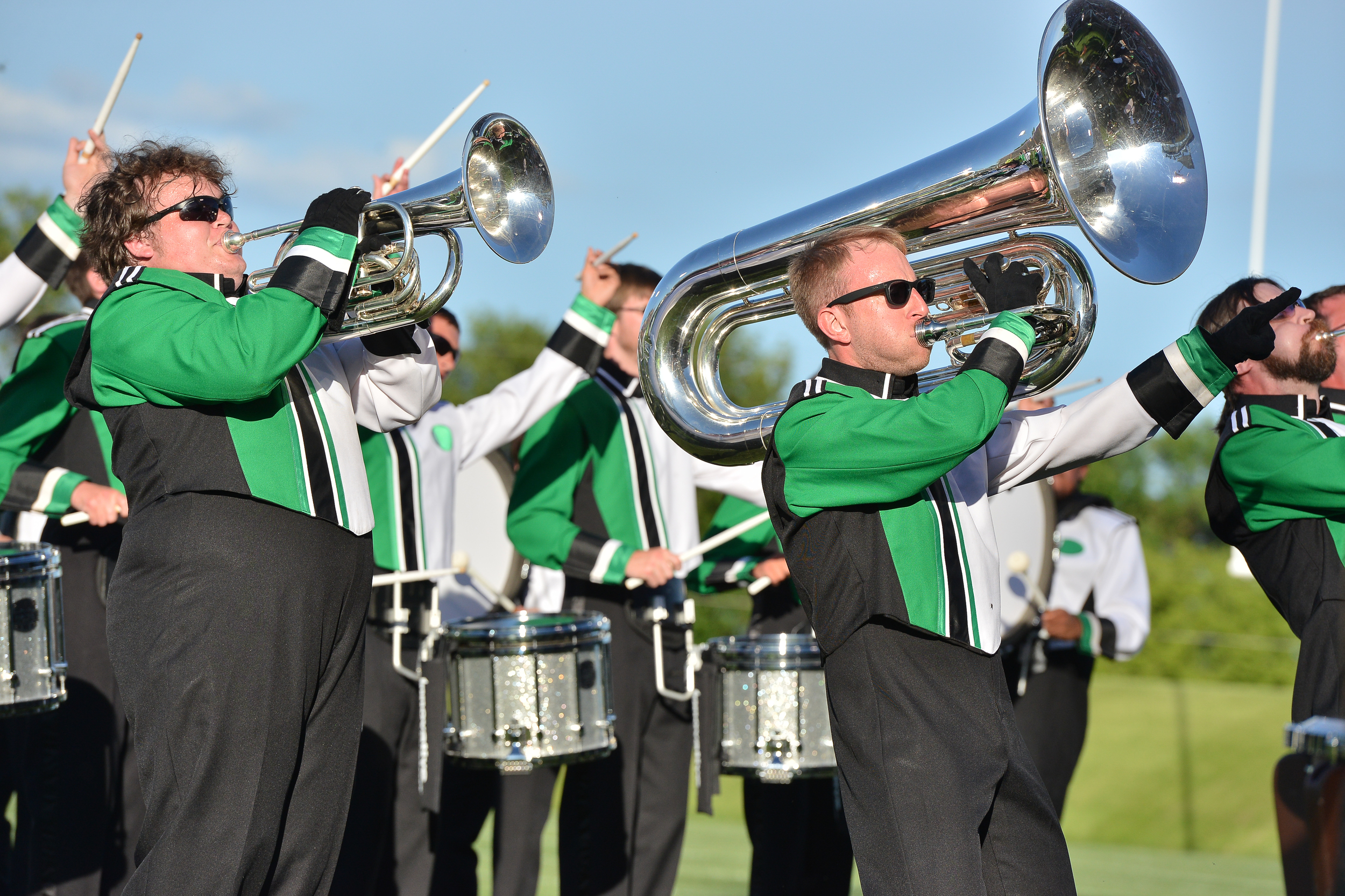 Members Bill and Michael of the Govenaires hornline rock out the end of their show at the Drum Corps Associates 2014 Championships. Photo provided by corpsreps.com Full Resolution