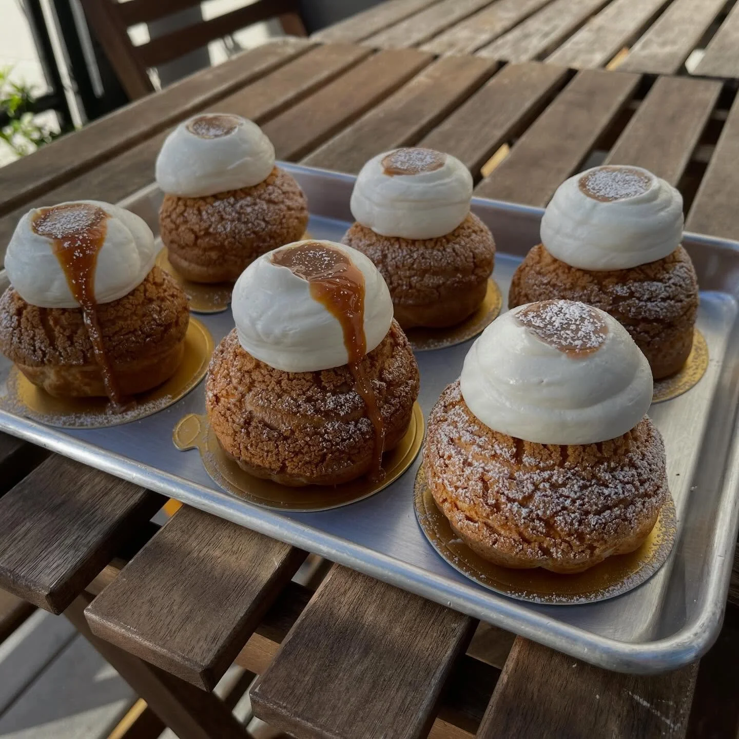 here&rsquo;s our menu for this weekend:
-raspberry brioche donut
-strawberry cake donut
-passion fruit tres leches cake- slice
-quiche roasted tomatoes, goat cheese, chives- slice
-savory galette: seasoned potatoes, Gruy&egrave;re, garlic confit, ric