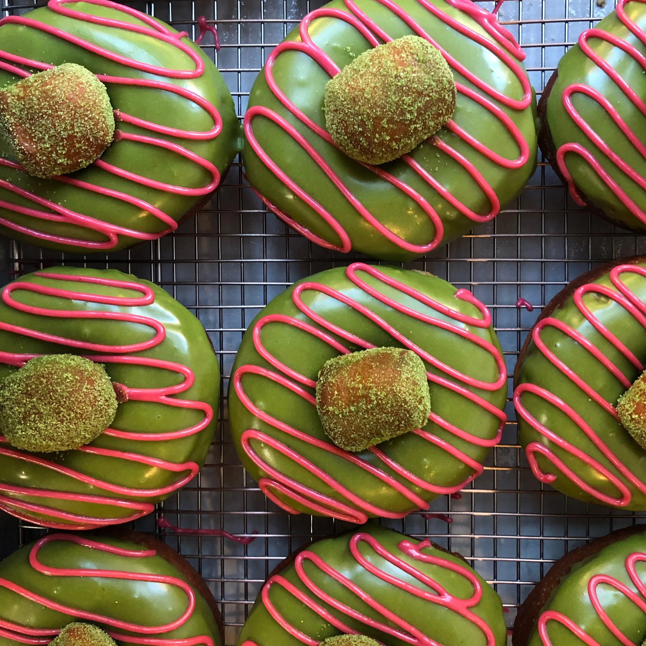Here&rsquo;s our menu for this weekend:
-matcha strawberry brioche donuts
-peach galettes
-cherry pie-slice
-roasted tomatoes goat cheese quiche-slice
-pistachio lemon financiers
-Sicilian lemon eclairs
-passion fruit tres leches-slice
-key lime pie-