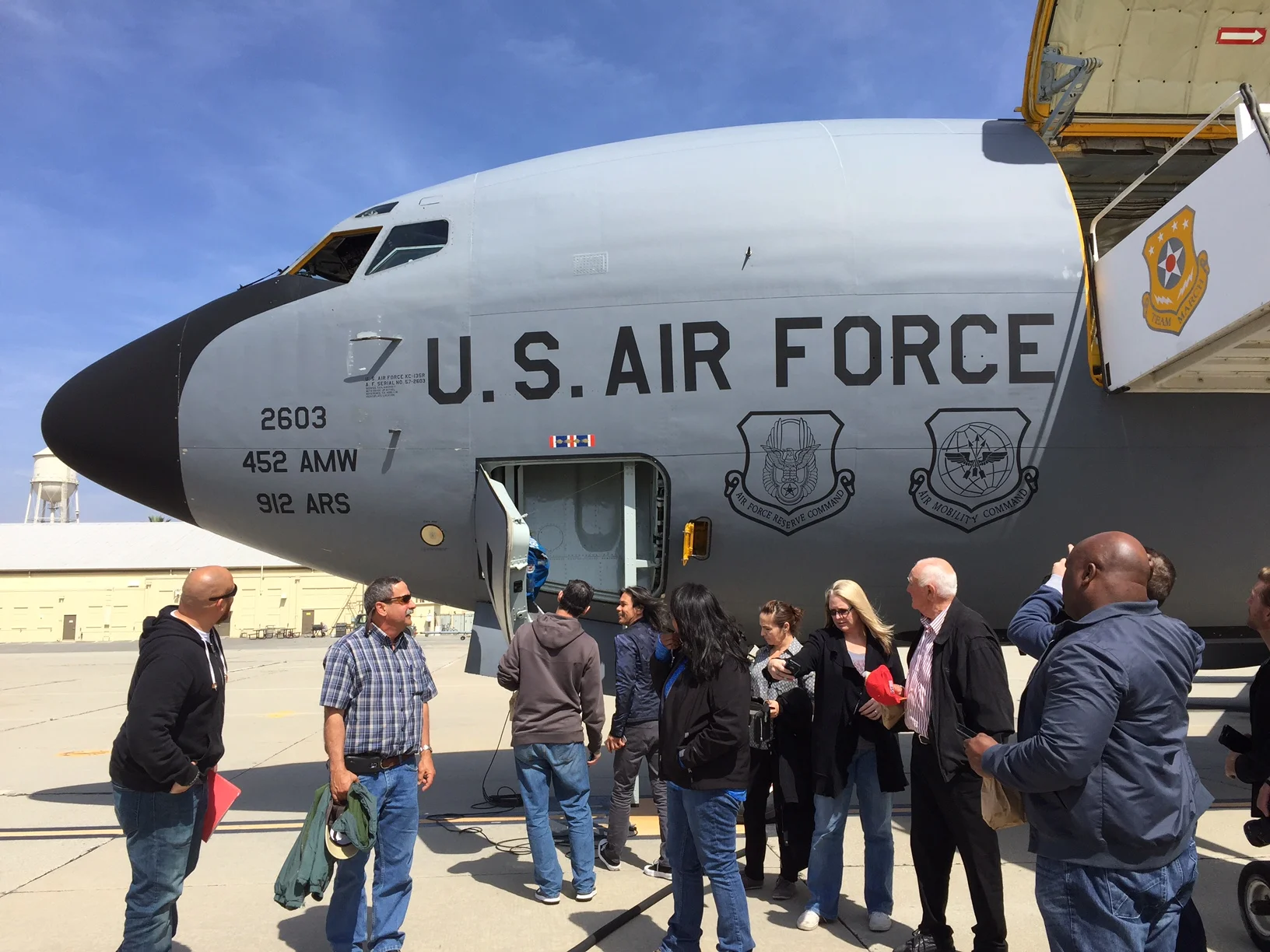 Employers gather in front of KC-135 jet at March Air Force Base for Employers Appreciation Event.