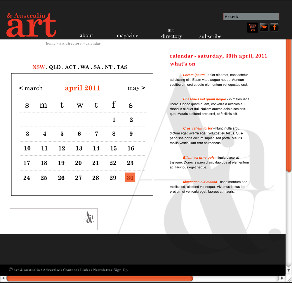 Exhibition Calendar 'Art & Australia' redesign (2011)