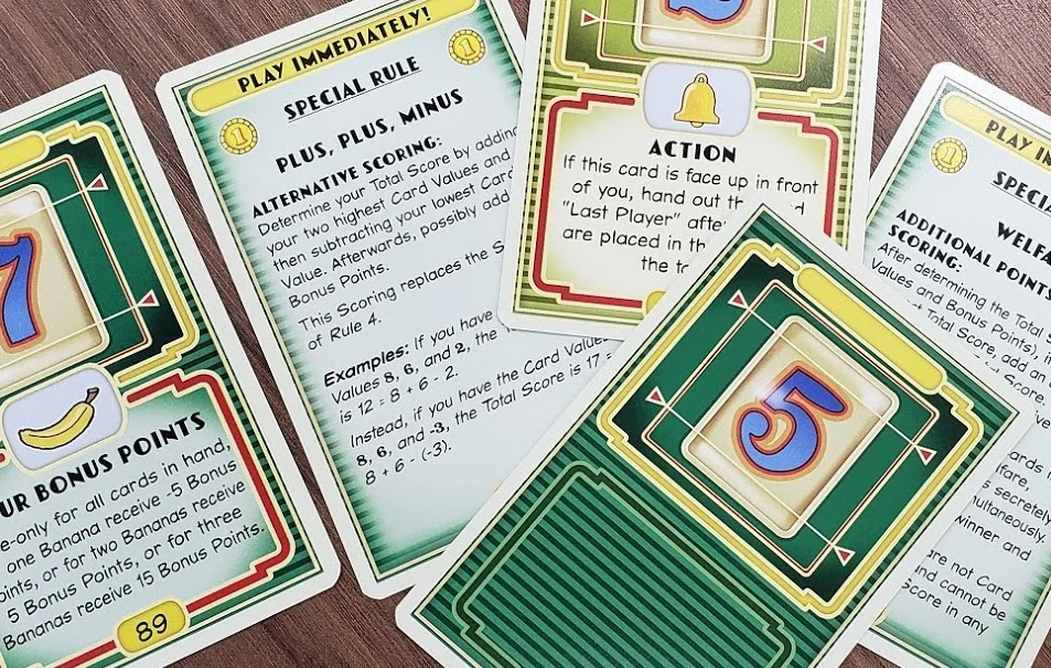 Fortune has all kinds of cards. Cards with numbers, cards with special actions, rules, cards, and cards that change the way a player’s cards are scored.
