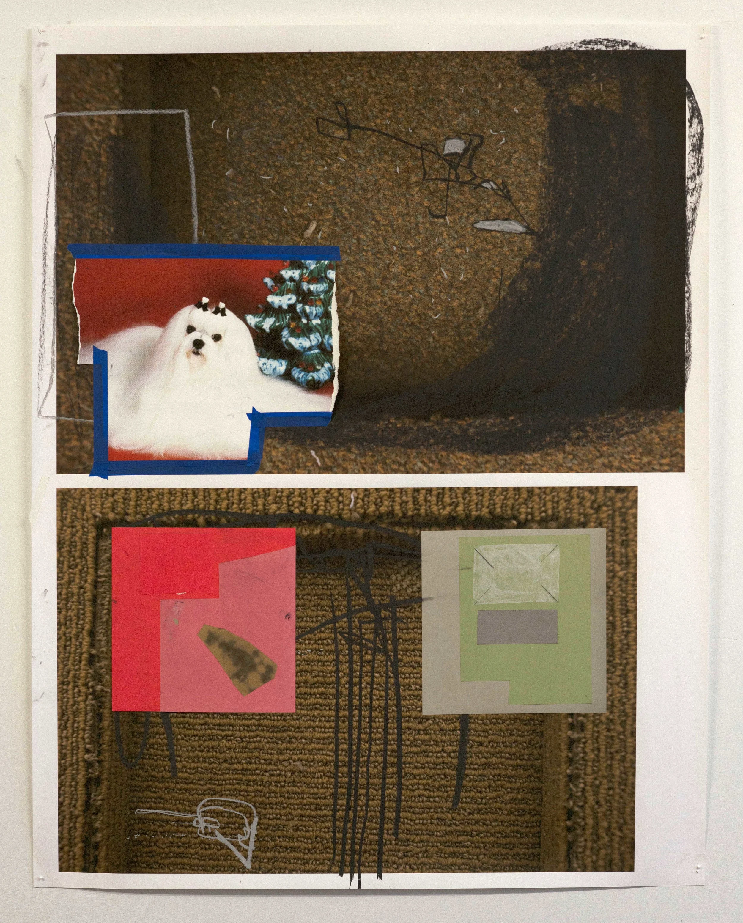 2017 paper collage with reproduced images, construction paper, charcoal, and tape