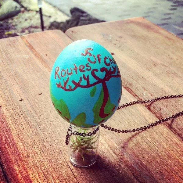 My kayaking partner from Vancouver to the Island made this eggcellent piece of art. Then she threw it at an oil pipeline! Perfect...but not true. I hope she ate it with some veggies.