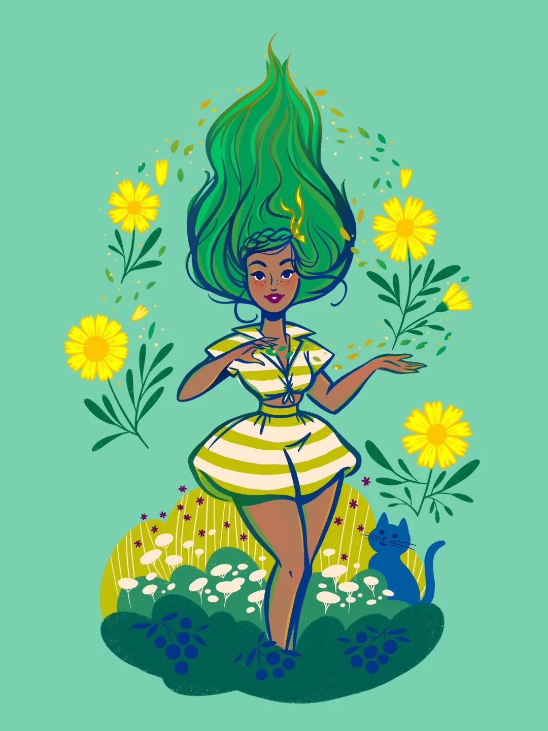 Yesterday was so dreary and cold that I completely forgot to acknowledge the Summer Solstice! I am making up for it today with my little green witch Maya, a personal illustration that regularly pops up with a cheerful message for the seasons. Rain, h