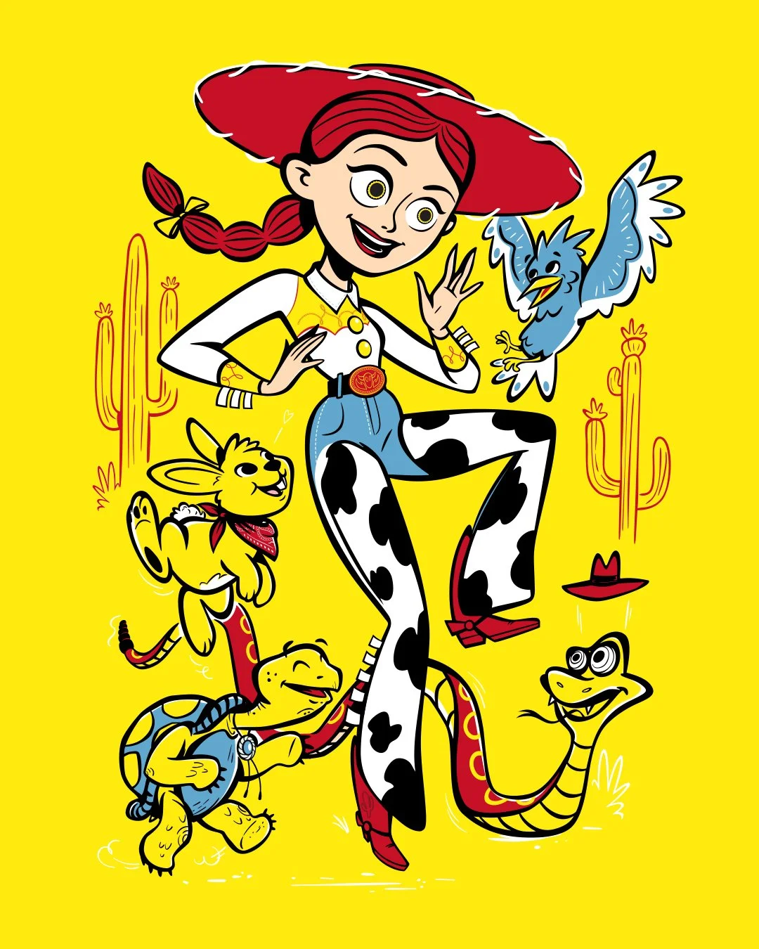 Colorful illustration of Jess from Toy Story in cowgirl attire with her toy animals in a desert setting, featuring cacti and a bright yellow background.