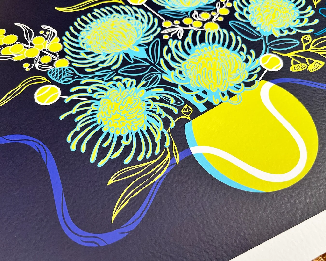 Colorful floral illustration with yellow and blue flowers, set against a dark background.