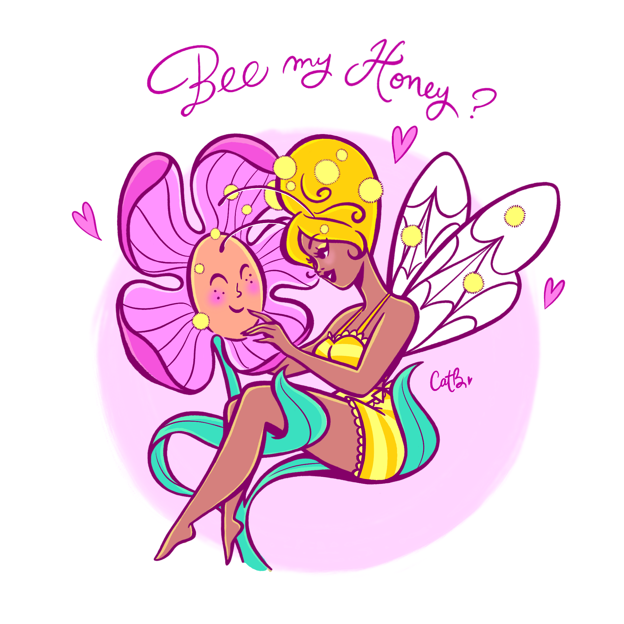 A cartoon fairy with butterfly wings, yellow hair, and wearing a yellow dress, sitting on a pink flower with a smiling face, while touching and interacting with it. The background is pink with hearts and whimsical lettering.