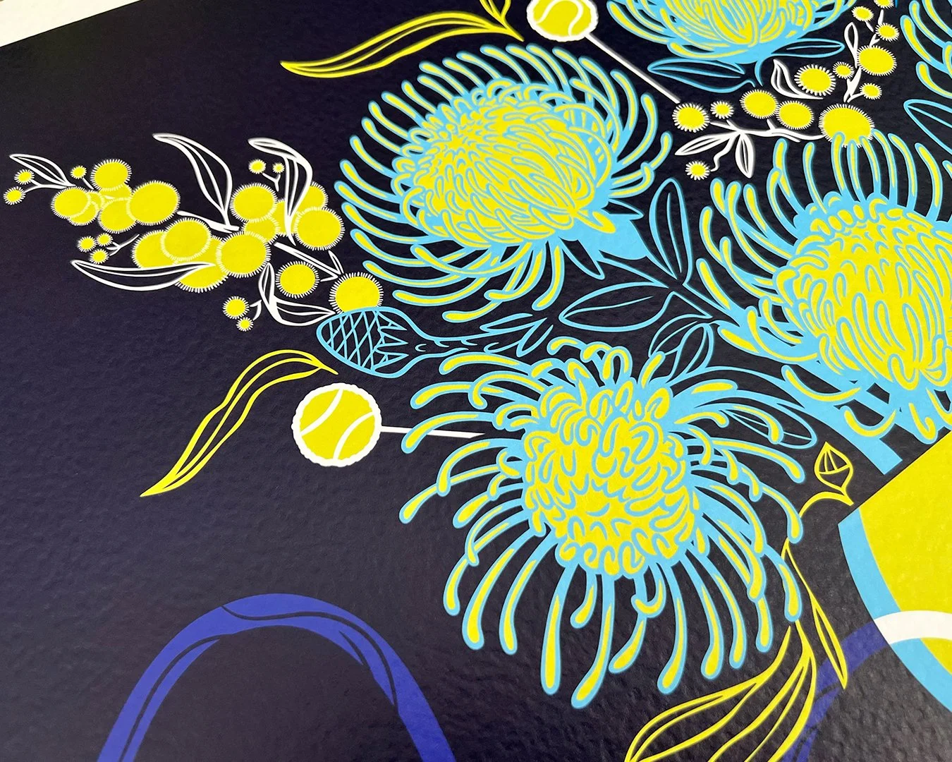 Brightly colored floral illustration on black background featuring yellow and blue flowers, leaves, and abstract patterns.