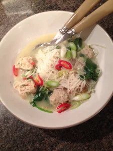 Pork and prawn balls in noodle soup