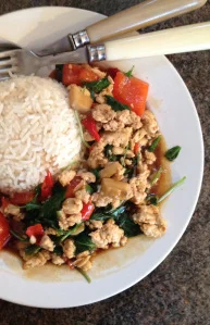 Pad krapow gai - spicy stir fried chicken with Thai basil