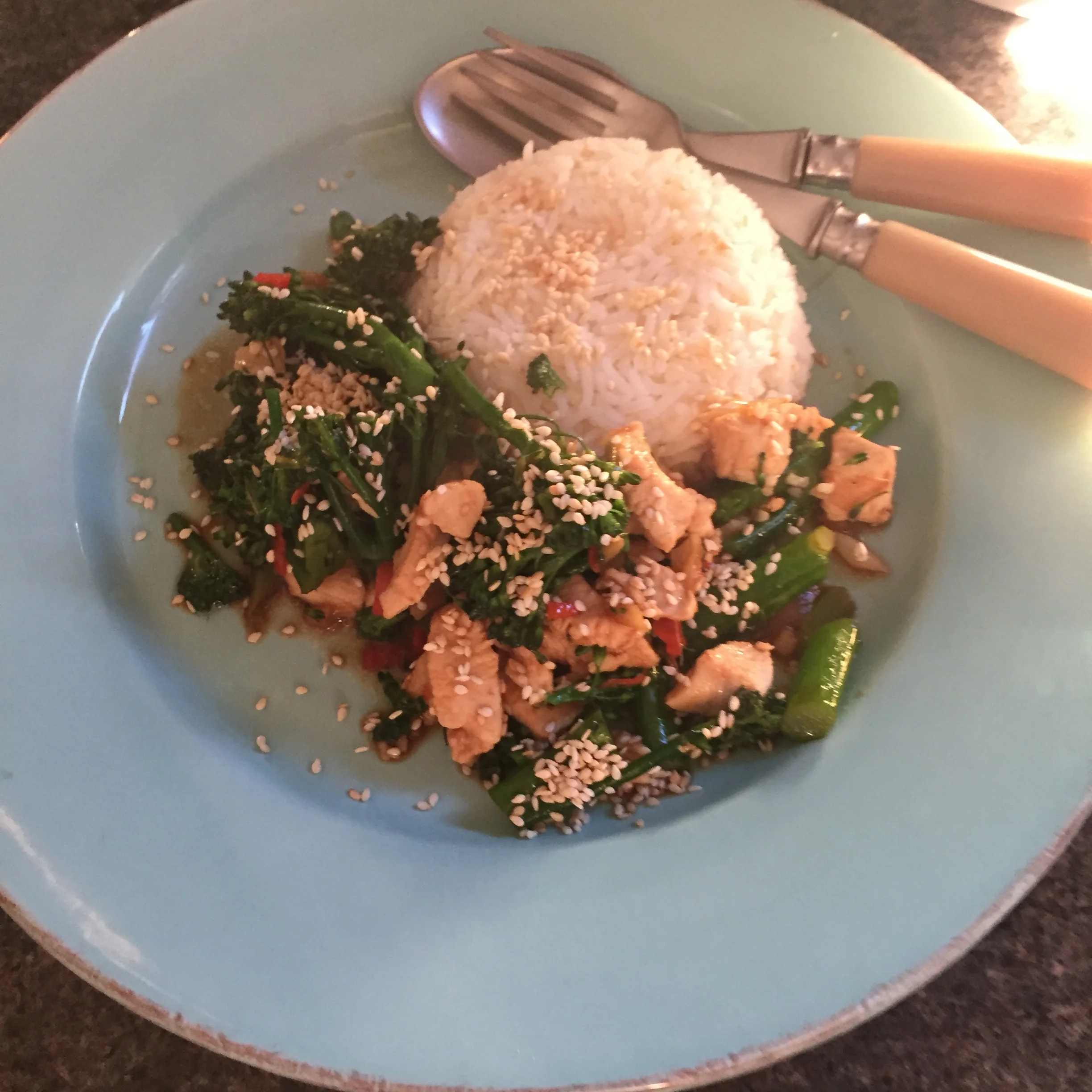 Stir fried chicken & broccoli w/ oyster sauce & sesame seeds