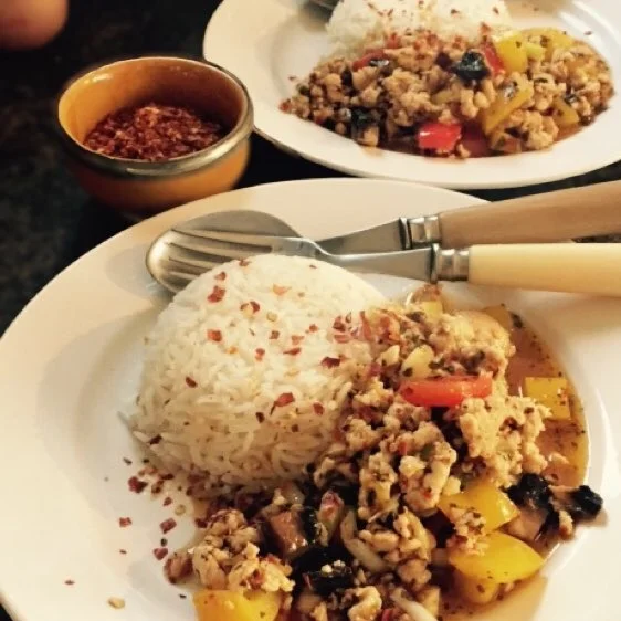 Chicken stir fry with chilli paste and Thai basil