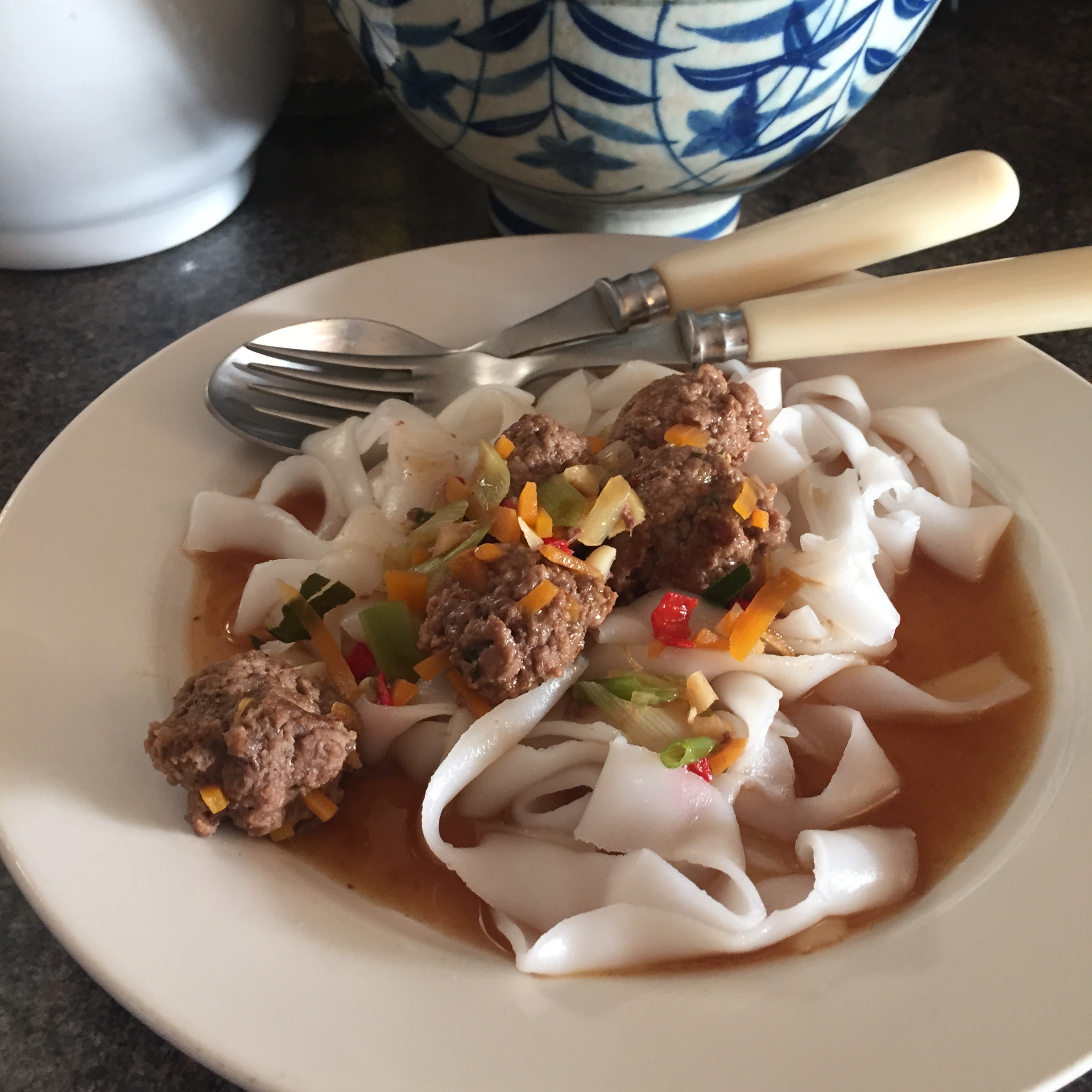 Thai-inspired meatballs + rice noodles