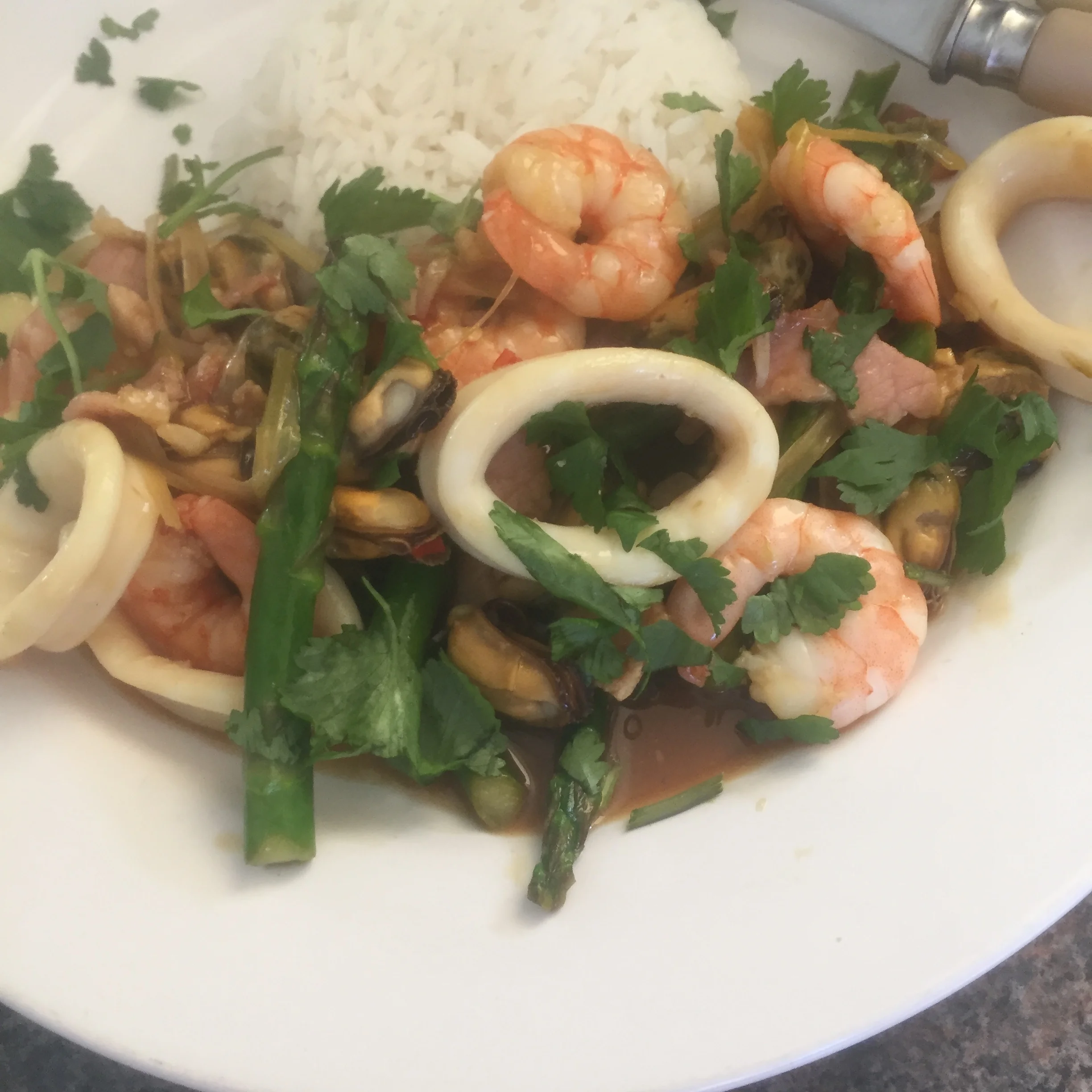 Simplest seafood stir-fry with lime + chilli