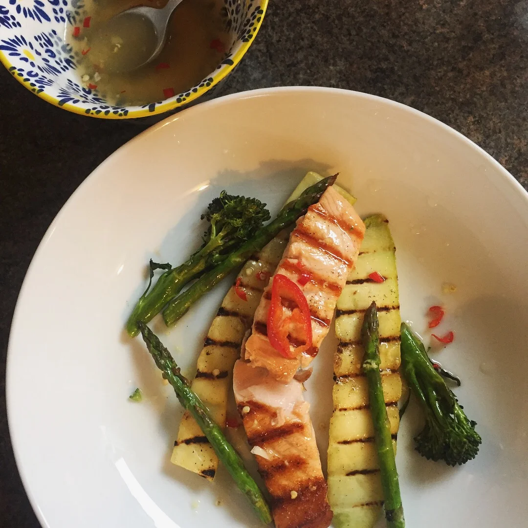 Salmon with a very good hot, sweet, sour sauce