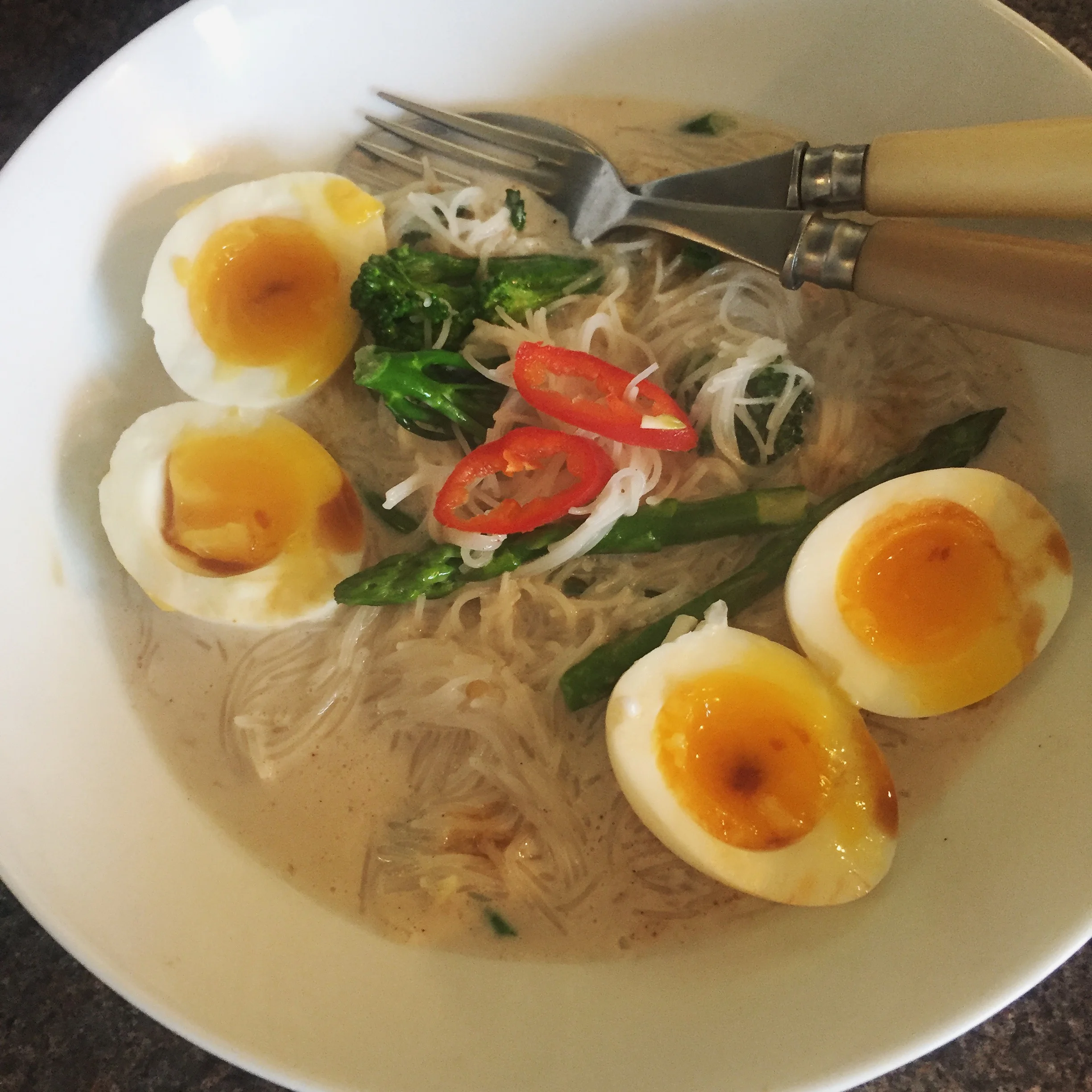 Coconut milk, noodles + eggs (perfect for a cold day)