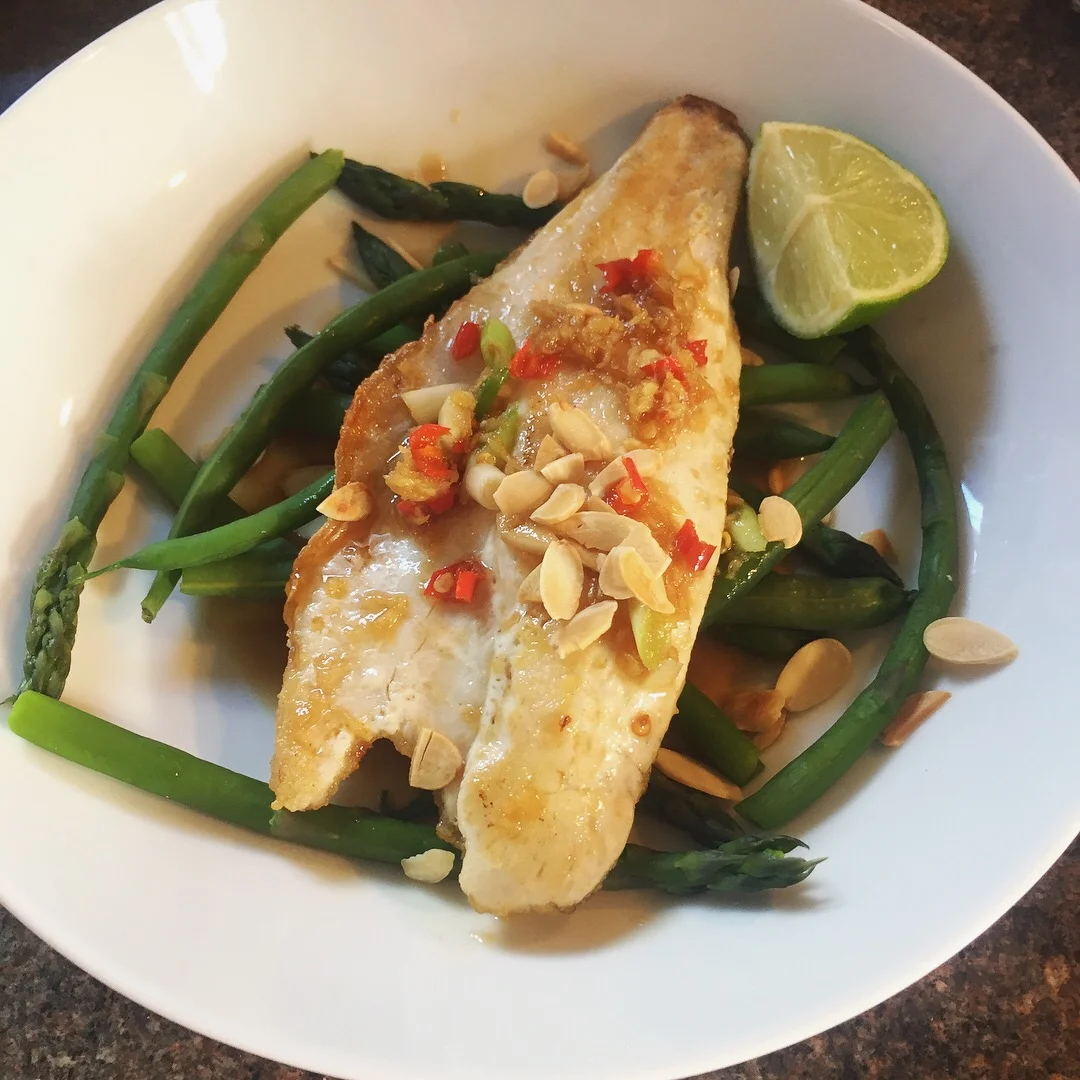 Sea bass with a ginger, chilli, garlic sauce