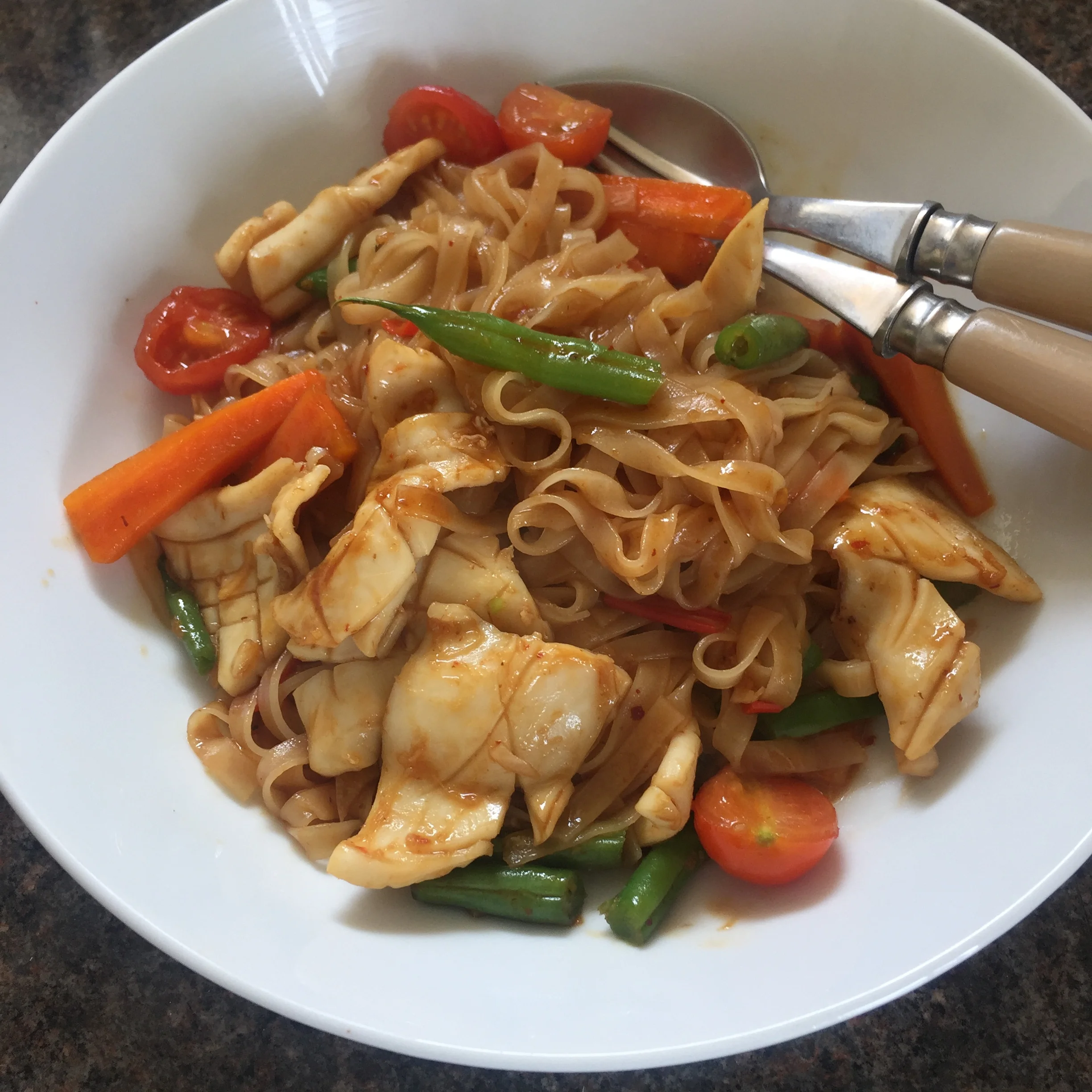 Chilli squid with noodles
