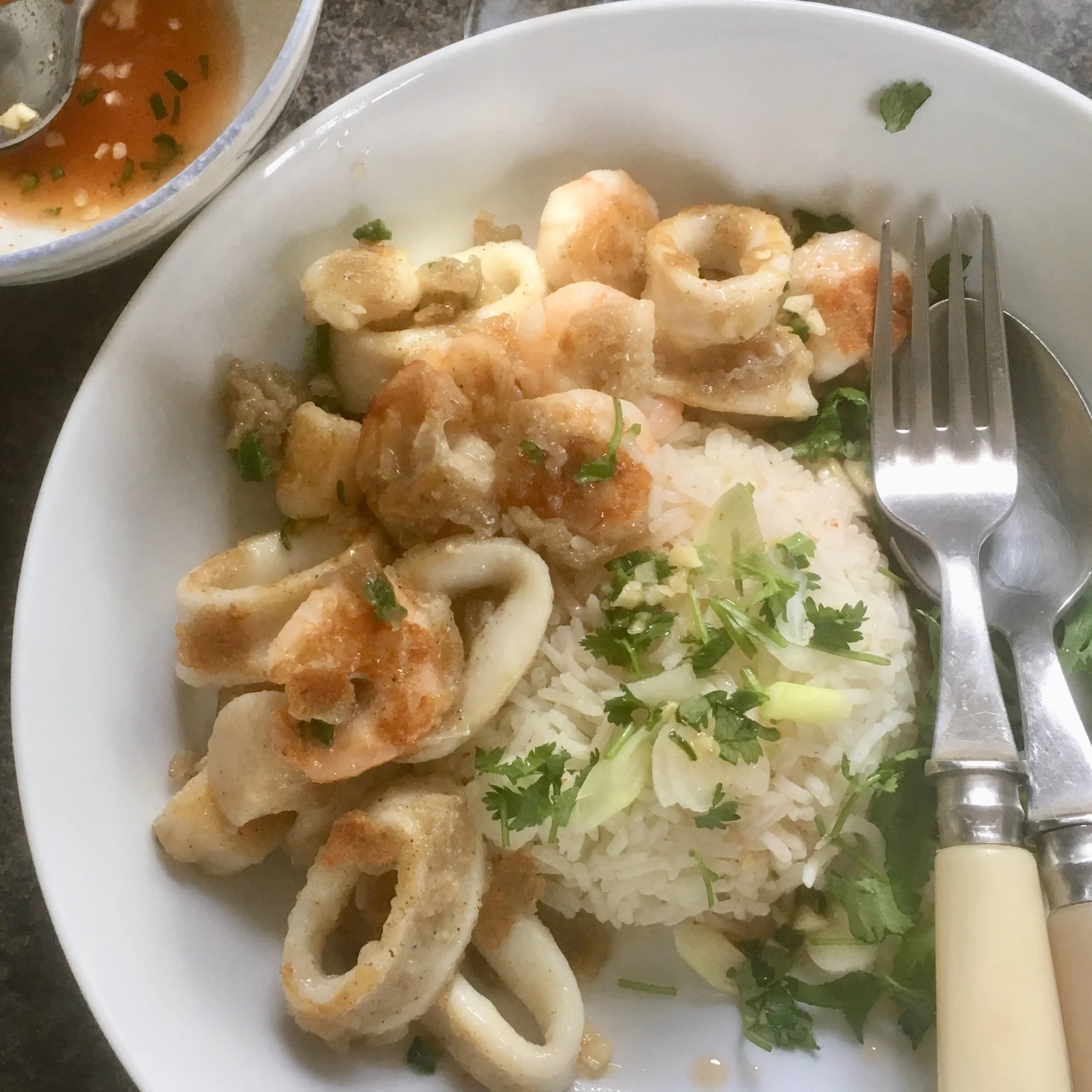 Crispy peppery seafood stir fry