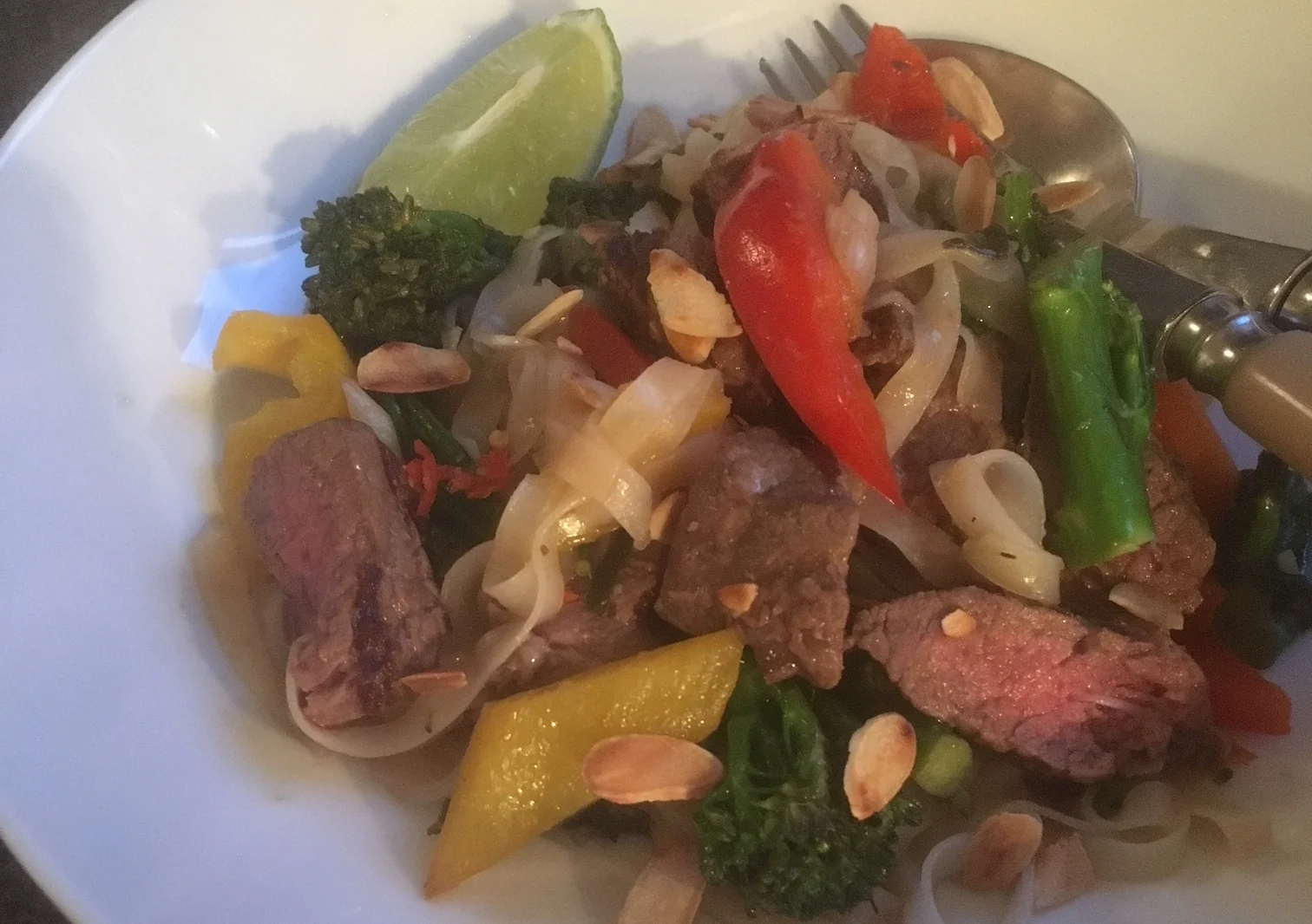 Steak + noodles w/ Thai green curry-ish sauce
