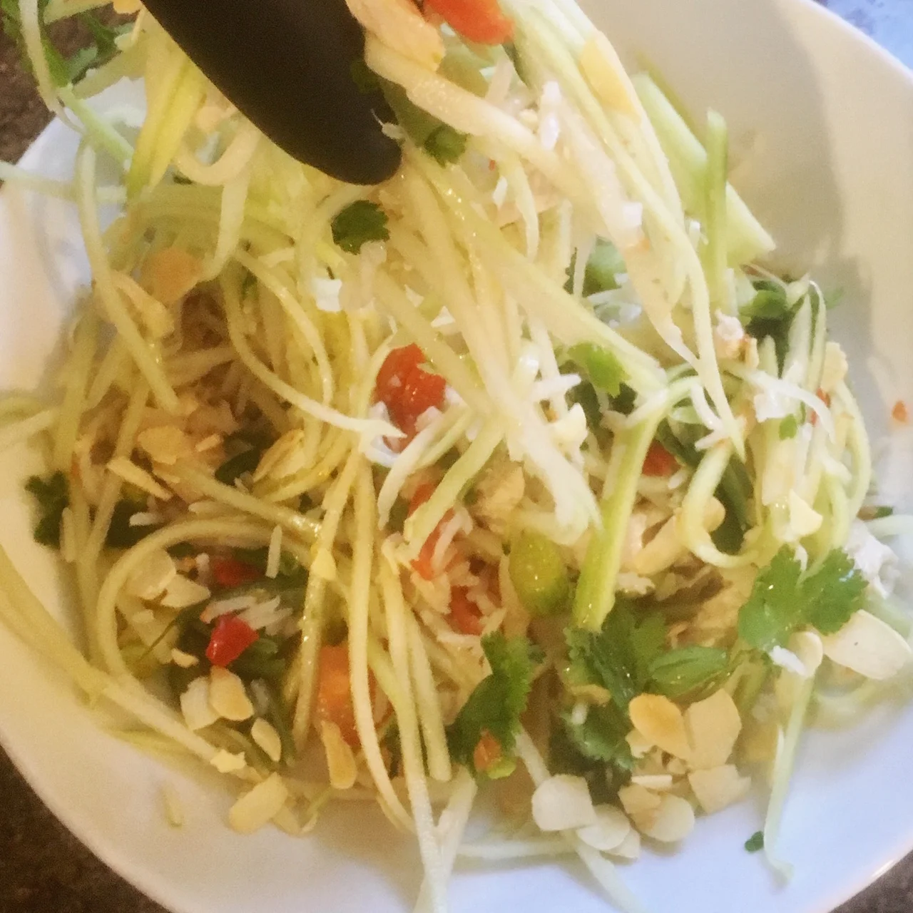 Spicy sour salad with coconut chicken + coconut rice