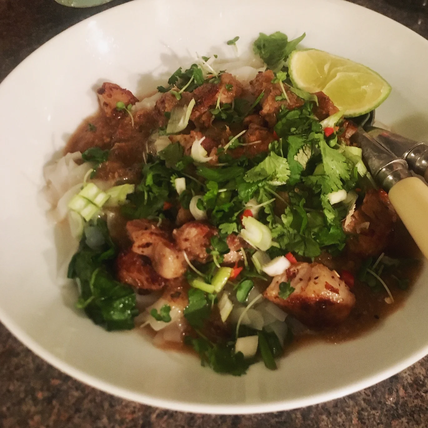 Jamie's hot + sour rhubarb and crispy pork with noodles