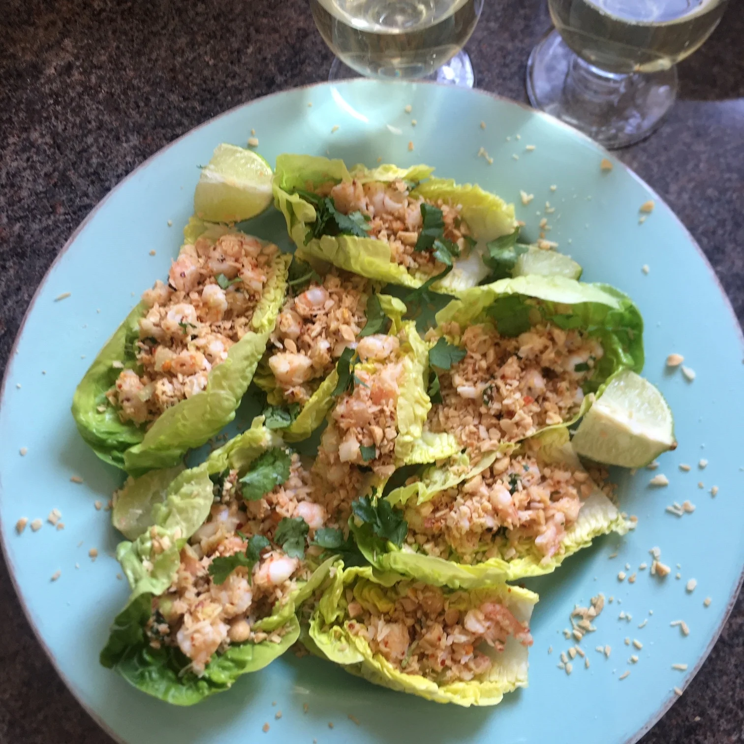 Thai coconut peanut prawn lettuce wraps