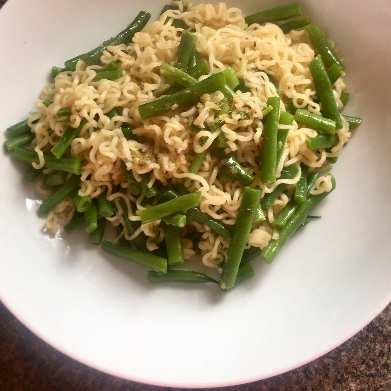 Delhi-style green beans with ginger + green chilli (and noodles)