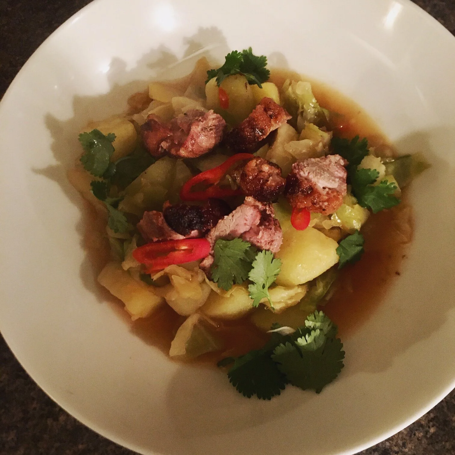Duck, cabbage and potato stir fry with chilli, garlic + ginger