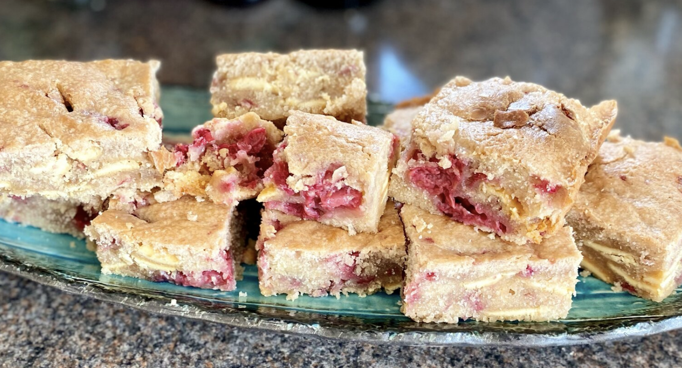 White chocolate + raspberry blondies