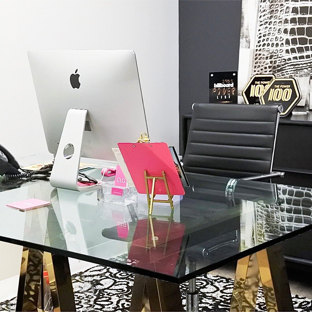 Office for Cara Lewis @clewisgroup. We designed a sleek and bold office for this music industry powerhouse. #officedesign #officedecor #brass #billboardpower100 #billboardpowerlist #Billboard2020 #CLG #music #officespace #nycoffice