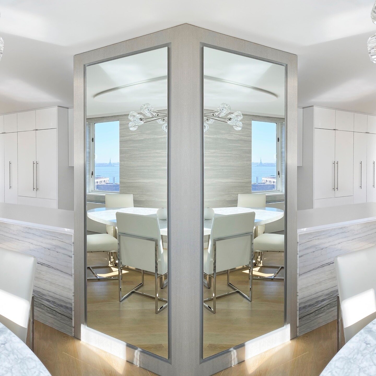 Two mirrors are better than one? Inspiring things happen when you mirror. An altered photo of our gorgeous Battery Park project. #interiordesign #mirror #millwork #custom ⁠
.⁠
.⁠
.⁠
#homedecor #interiors #design #home #architecture #decor #style #hom