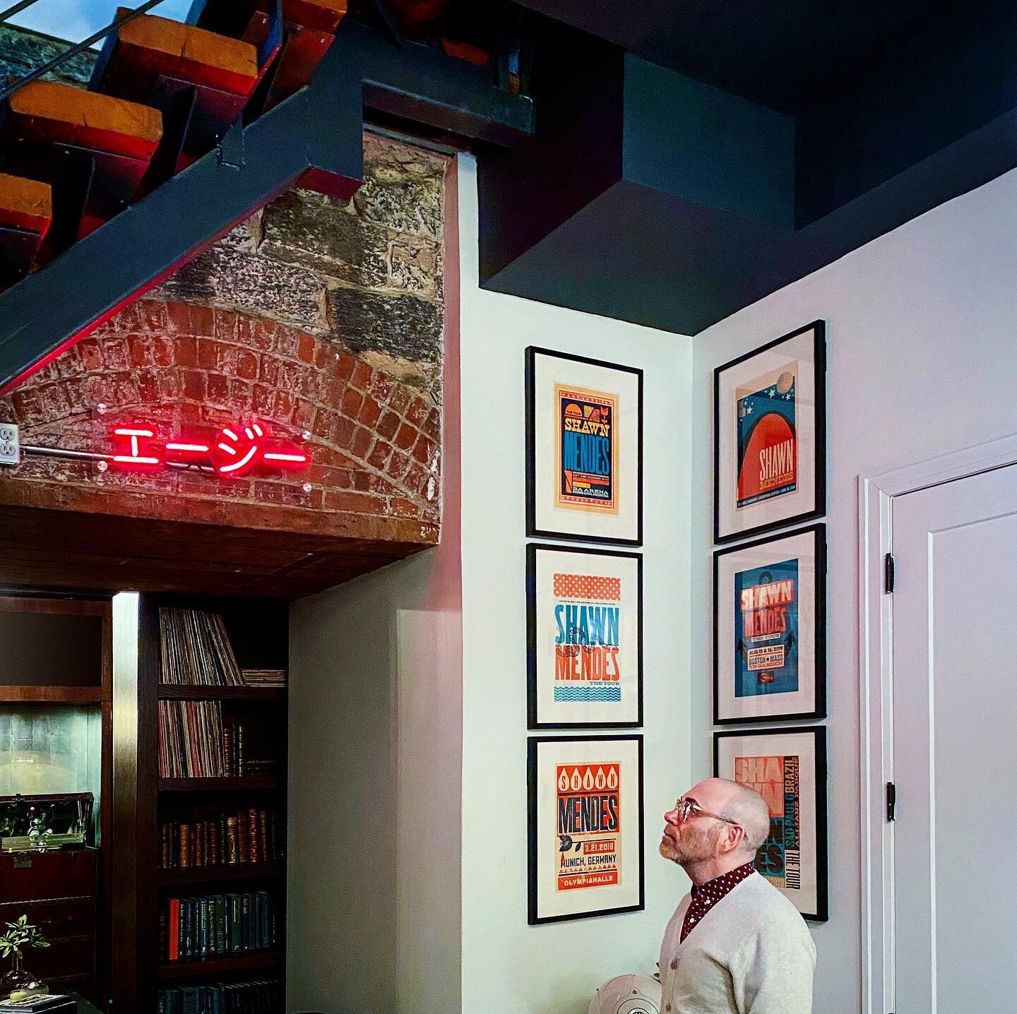 Christopher trying to figure out what the hell this neon sign says.  Entrance to the lounge we created for @agartists .More to come. Thanks @urban_neon and @framebridge #officedesign #brooklyn #speakeasy #officesnapshots 
.
.
.
#lounge #interiordesig