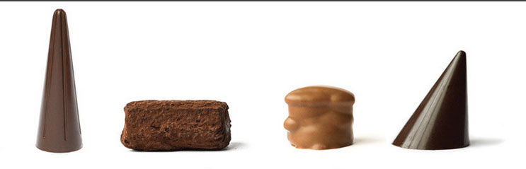 From left to right: the elegant olive oil truffle, whisky truffle, pecan butter crunch, and Douglas Fir