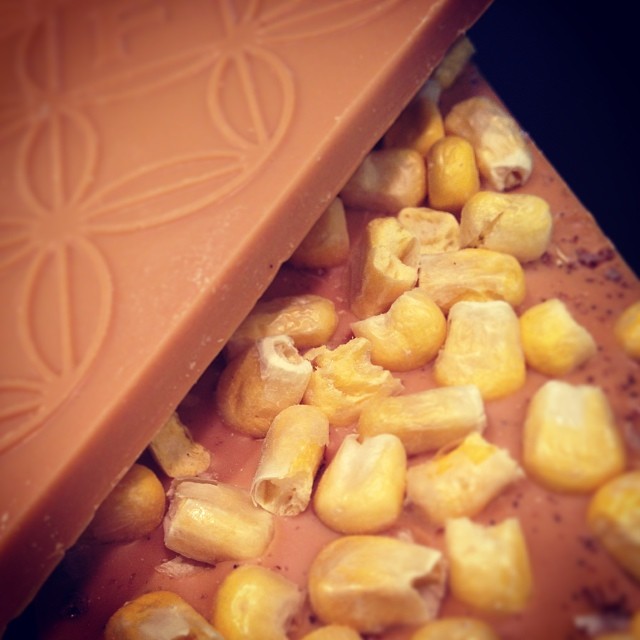 Caramel corn bars, aka toasted white chocolate with freeze-dried corn and vanilla salt
