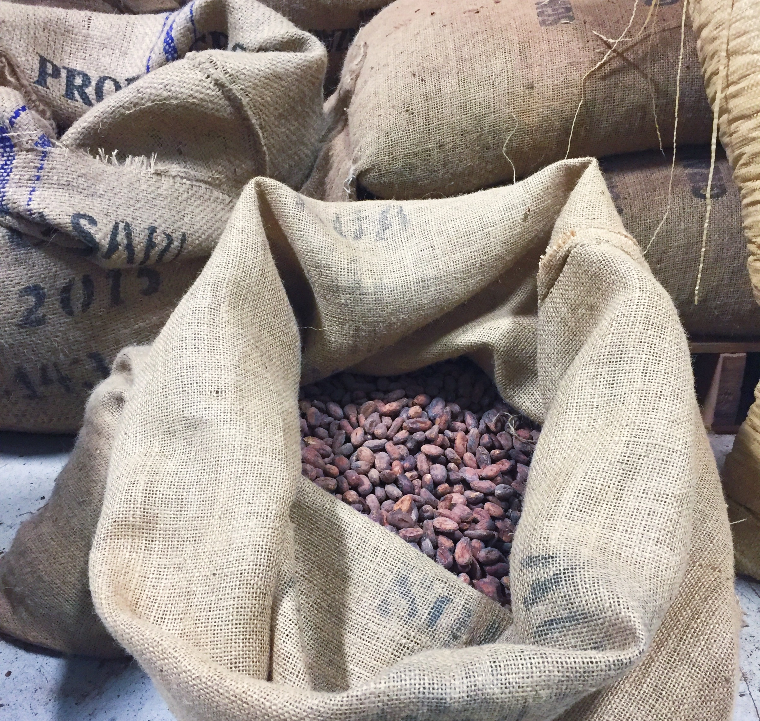 Raaka makes bean-to-bar chocolate, which means they start with whole beans and grind and smoothen them into chocolate from scratch. Ten years ago there were only a few people in the country doing this; now there are around 200 American bean-to-bar chocolate makers. My site Chocolate Noise is all about this craft chocolate revolution. Raaka is a little different than most, because they don’t roast their beans; instead they focus on creative infusions rooted in the terroir of cacao (yep, cacao has terroir, like wine!). Here are big bags of beans from Tanzania, which is known for earthy and slightly fruity cacao. 