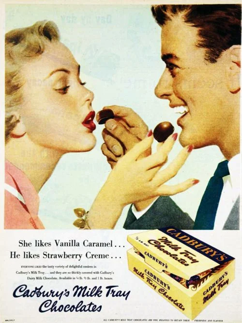 A vintage Cadbury ad — and how marketing made it commonplace for men to show their affection by giving women chocolate