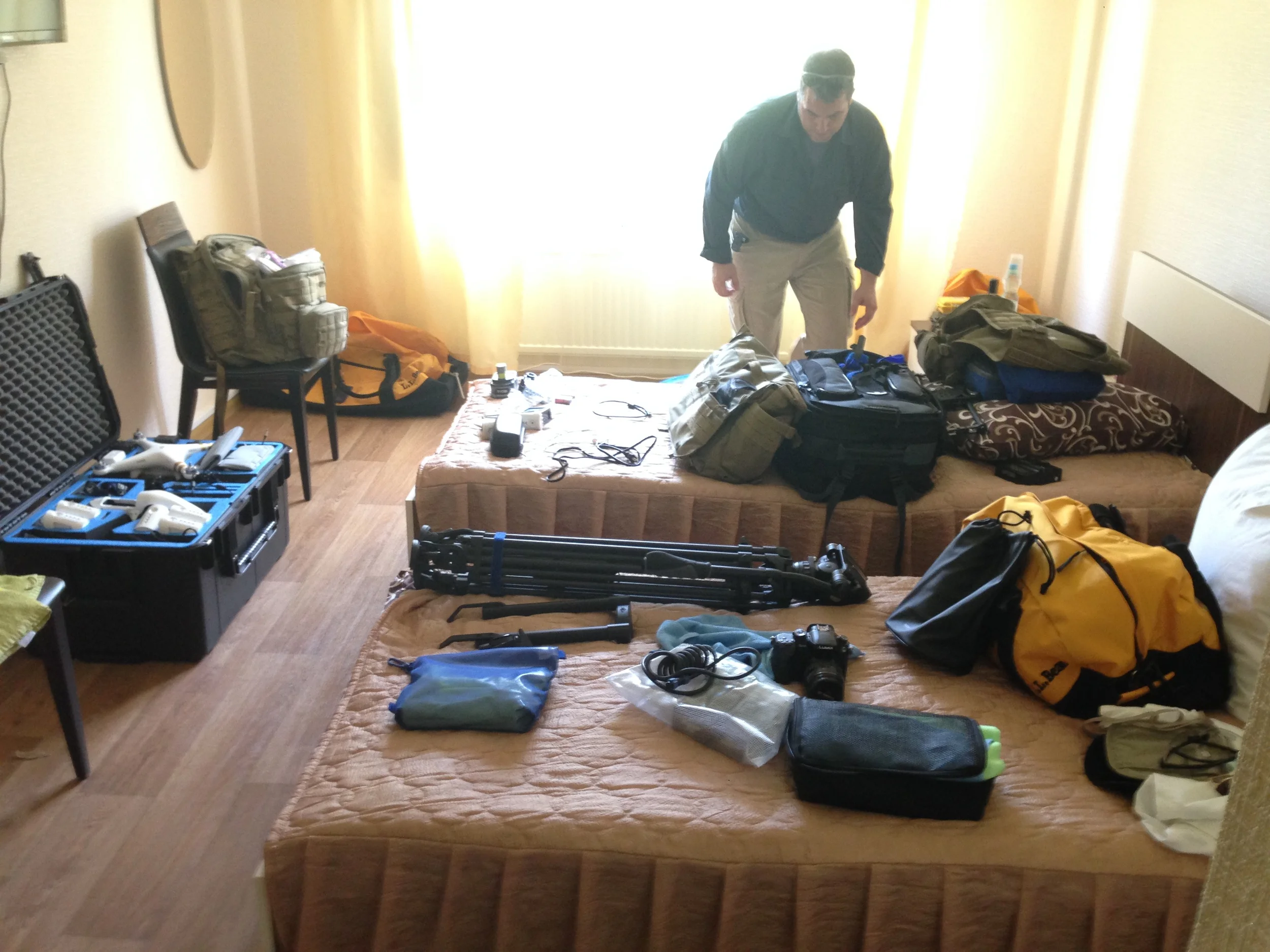 Organizing gear in our room at Hotel 10.