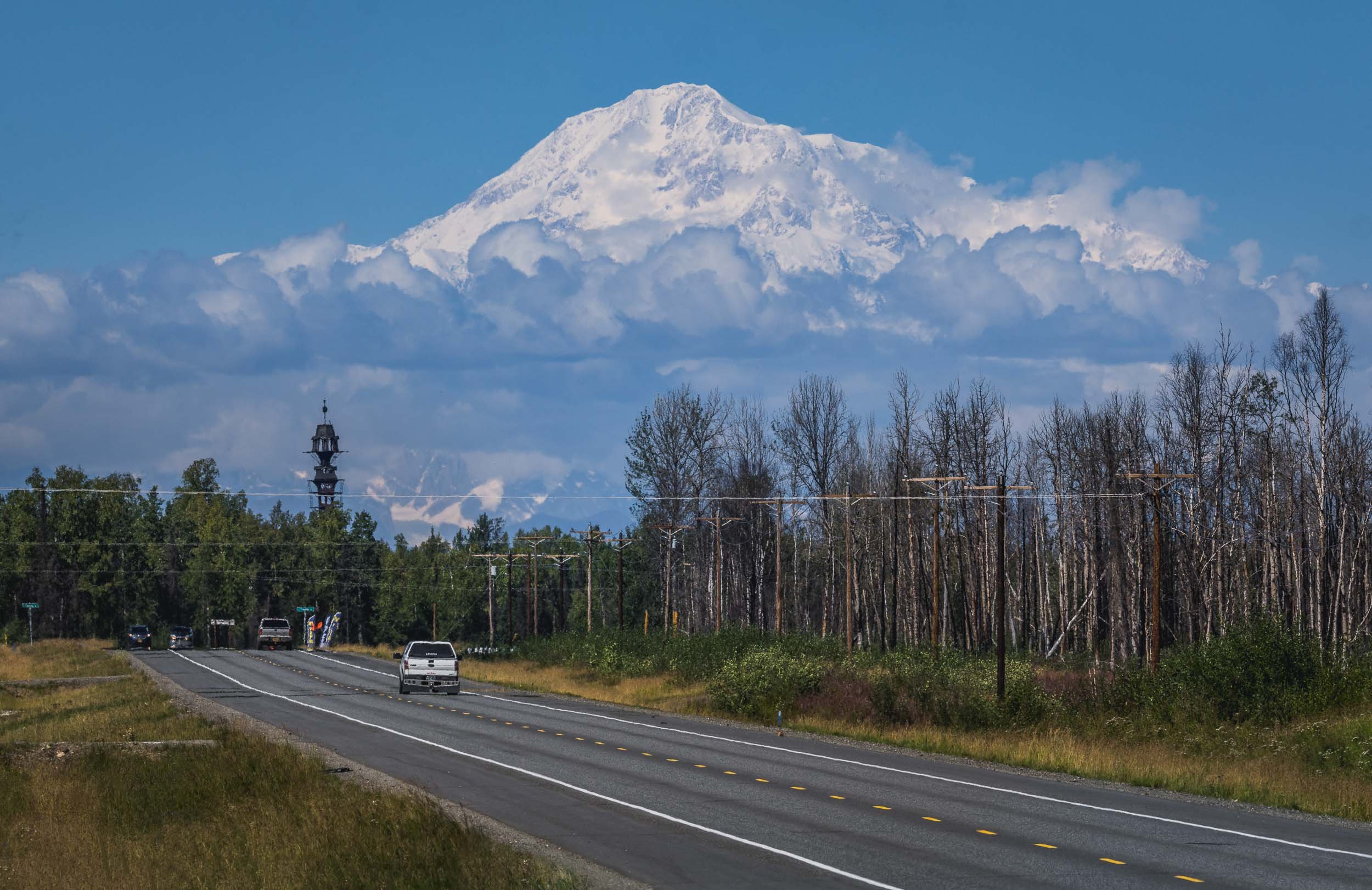  The tower peaking out above the trees on the left, with Mount Denali in the distance, almost 200km away - luckily we had a clear day. 