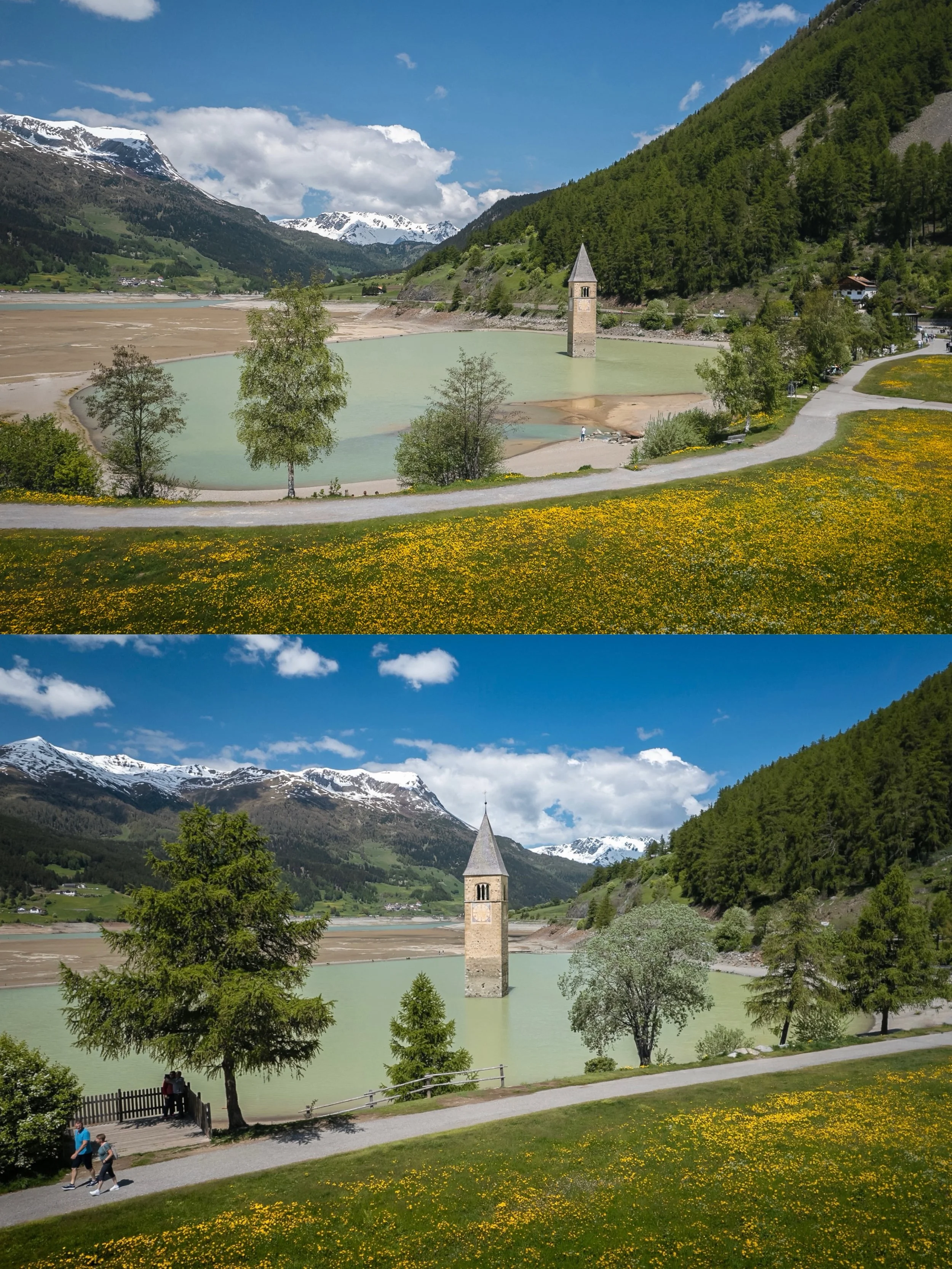 The 14th-century church tower in Lake Reschen in the northern Alps of Italy. It was once part of the village of Graun, which was deliberately flooded to create a reservoir in the 1950s.